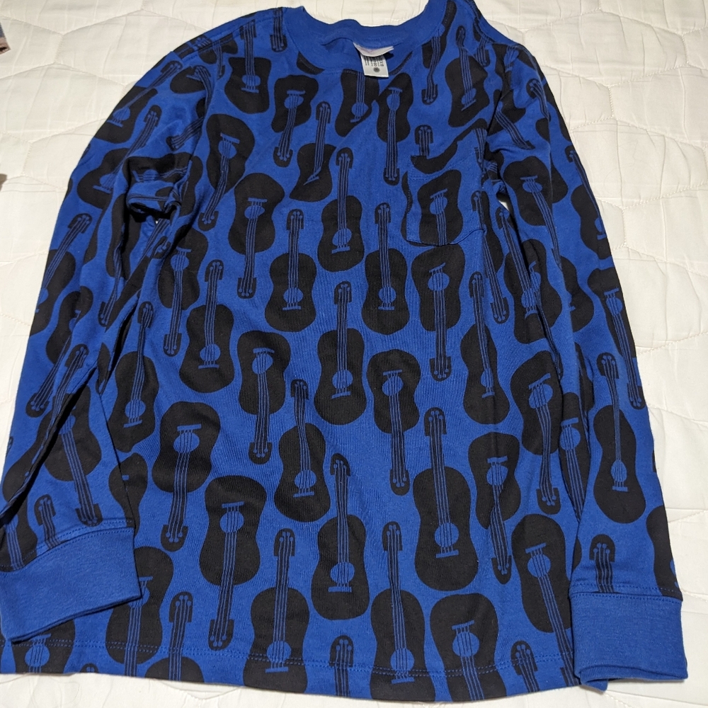 Hanna Andersson Boys Blue and Black Guitar Print Long Sleeve Shirt Size 12